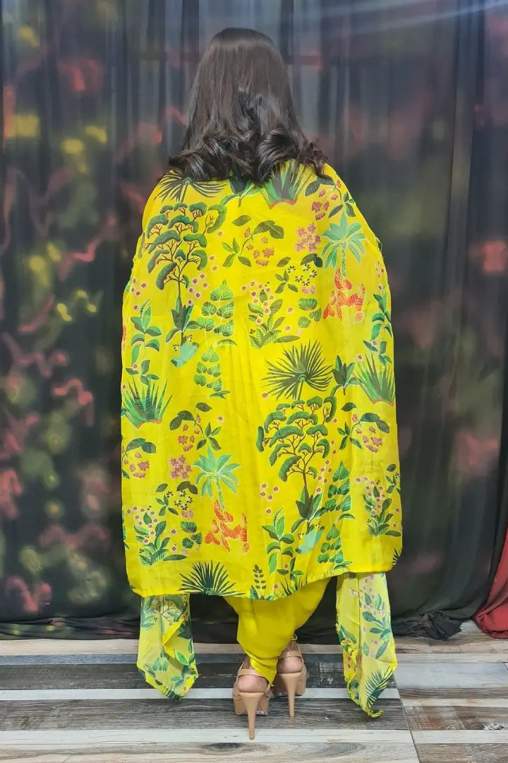Lemon Color Thread Embroidered Cotton Kurta With Tulip Pant Set – Nirbani
